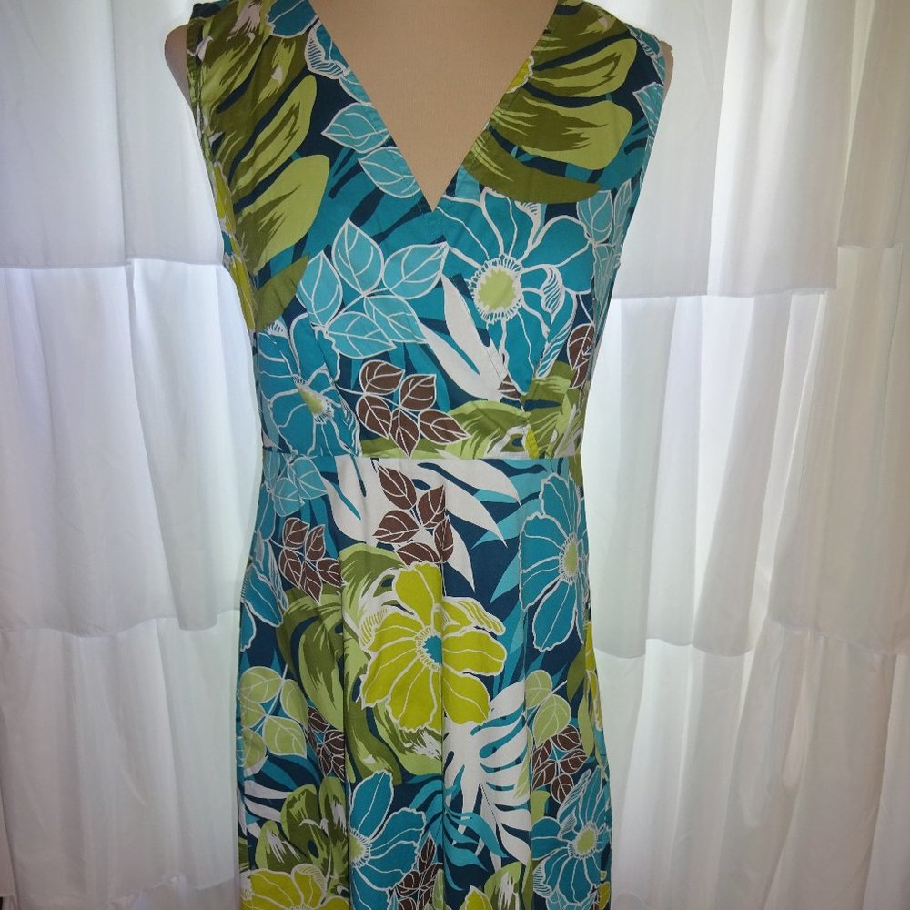 Womens Croft & Barrow Dress 8 Stretch S M Blue White Green Flowers Sleeveless